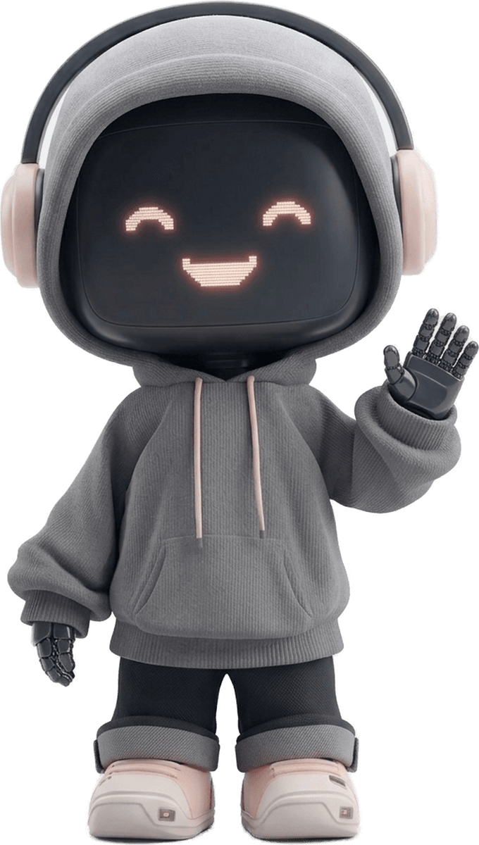 Cakai mascot in a grey hoodie waving